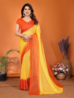 kashvi sarees Embellished, Self Design Bollywood Georgette, Chiffon Saree(Yellow, Orange)
