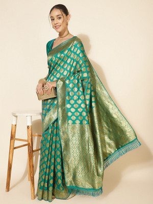 Janasya Woven, Self Design Banarasi Silk Blend Saree(Green)