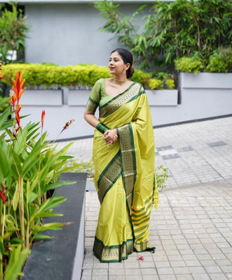 NEZAA EXPORT Self Design Banarasi Cotton Silk Saree(Yellow)