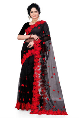 DEVKISONDESIGNER Embroidered Bollywood Net Saree(Red, Black)