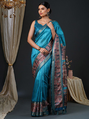 ANOUK Printed Hand Batik Silk Blend Saree(Blue)