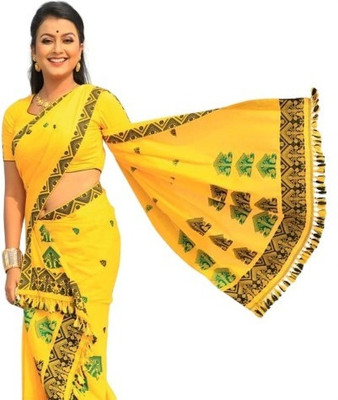 Asho Industries Self Design Mekhela Chador Cotton Blend Saree(Yellow)