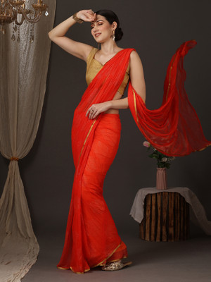 Ratnavati Solid/Plain Daily Wear Chiffon Saree(Red)
