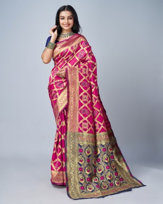 MAHESHWARIISARE Embroidered Bandhani Silk Blend Saree(Pink)