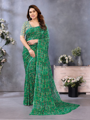 Vichitra Geometric Print Bollywood Georgette Saree(Green)