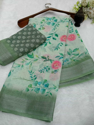Mervadiya Self Design, Digital Print Bollywood Linen, Cotton Linen Saree(Light Green)