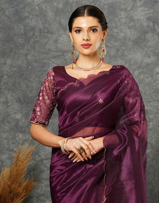 Samah Embroidered, Solid/Plain Bollywood Net Saree(Purple)