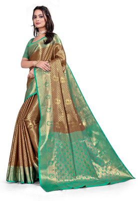 FABFIZA Solid/Plain Banarasi Chiffon, Silk Blend Saree(Mustard, Green)
