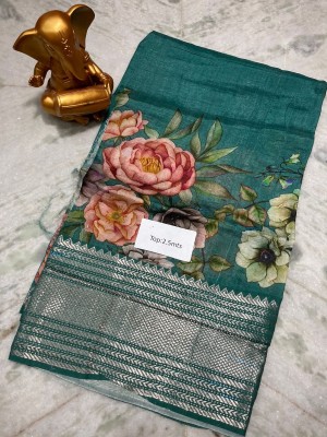 SonChiraiya Digital Print Handloom Cotton Silk Saree(Dark Green, Pink, Yellow, Purple)