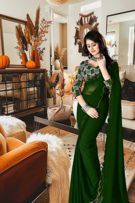 vdc Solid/Plain Bollywood Georgette Saree(Green)