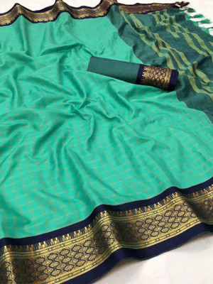 yourwish Woven, Checkered, Embellished, Self Design Daily Wear Jacquard, Cotton Silk Saree(Light Blue)