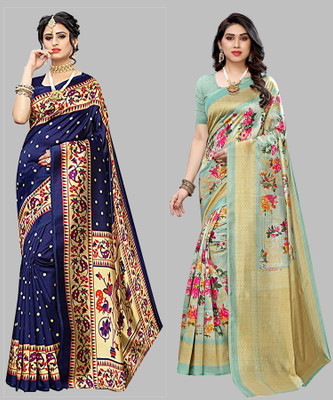 Priyashi Self Design, Digital Print, Printed Mysore Art Silk Saree(Pack of 2, Blue, Light Green)
