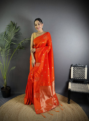 Pandadi Saree Printed Banarasi Cotton Silk Saree(Orange)