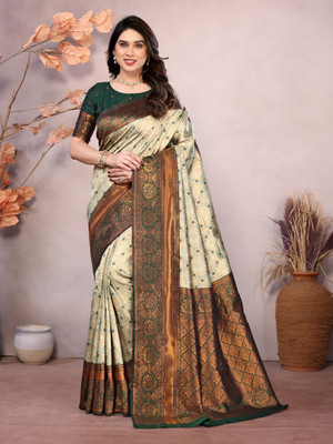 DIVINE JUNCTION WEAR Printed Banarasi Satin Saree(Green, Cream)