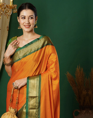 Satrani Woven, Embellished, Self Design Bollywood Silk Blend, Jacquard Saree(Yellow, Green)