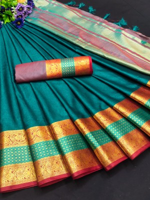 Fashion Club Collection Woven Daily Wear Jacquard, Pure Cotton Saree(Dark Green)