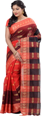 HandloomPD Self Design Tant Pure Cotton Saree(Black, Red)