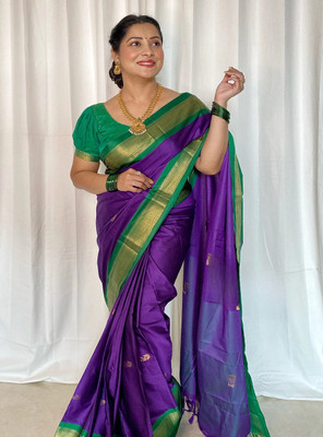 SGF11 Self Design Handloom Silk Blend Saree(Purple, Green)