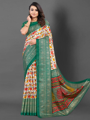 Divastri Printed Pochampally Silk Blend Saree(White)