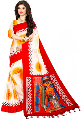 Rnn Saree Printed Handloom Pure Cotton Saree(Red, White)