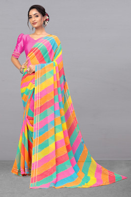 LAKHADATARI PRINTS Printed, Embellished, Striped Leheria Georgette, Chiffon Saree(Multicolor)