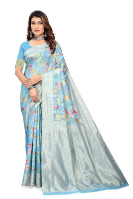 Muskan Collection Digital Print Handloom Cotton Linen Saree(Light Blue, Silver)
