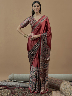 ANOUK Printed Hand Batik Crepe Saree(Maroon)