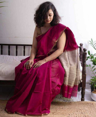 BiswasTextiles Self Design Handloom Cotton Silk Saree(Magenta)