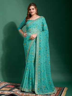 Sareemall Embellished Ikkat Georgette Saree(Blue)