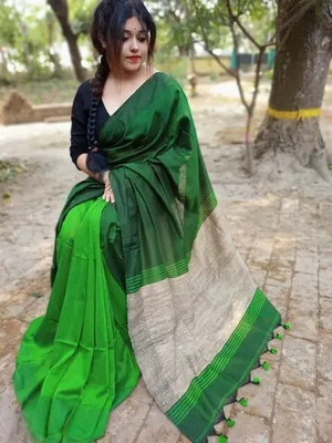 RD shop Self Design Handloom Cotton Blend Saree(Green)