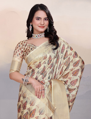 pari creation Printed Banarasi Georgette Saree(Cream)