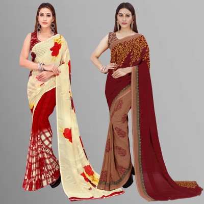 Anand Sarees Ombre, Floral Print, Printed Daily Wear Georgette Saree(Pack of 2, Beige, Red, Multicolor)