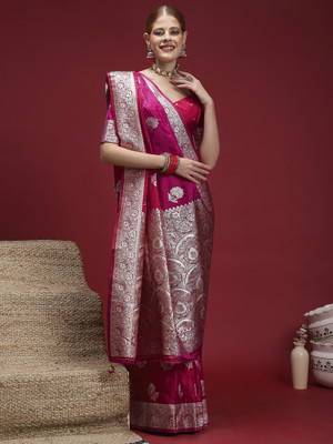 Sangria Woven Banarasi Satin, Silk Blend Saree(Pink)