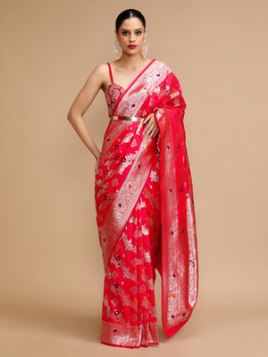 House of Pataudi Woven Banarasi Silk Blend Saree(Pink)