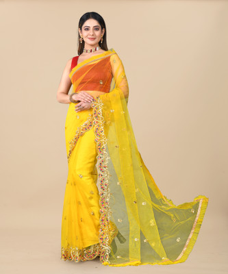 Barkiya Creation Embroidered Bollywood Net Saree(Yellow)