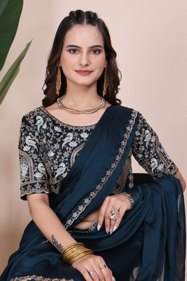K 5 FASHION Embroidered Bollywood Chiffon Saree(Light Green)