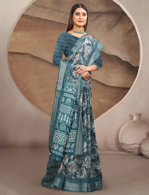 Mervadiya Printed Kanjivaram Pure Cotton, Cotton Linen Saree(Black)