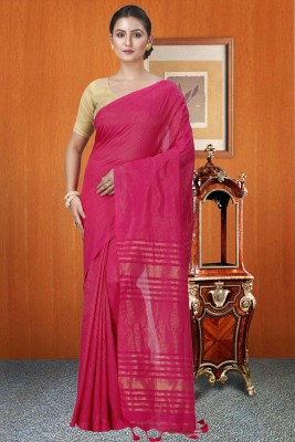 PuJoy Self Design, Striped Handloom Cotton Silk Saree(Pink)