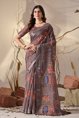 Neel Fashion Digital Print Bollywood Linen, Cotton Blend Saree(Purple)
