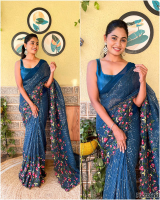 JAITRA CREATION Embroidered Bollywood Georgette Saree(Light Blue)