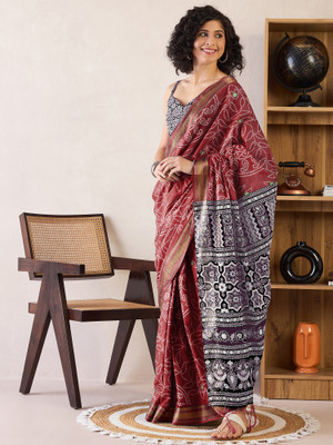 Tasrika Printed Pre Draped Saree Cotton Blend Saree(Brown)