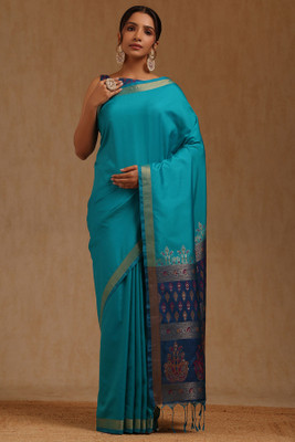 soch Solid/Plain Saree with Attached Blouse Silk Blend Saree(Blue)