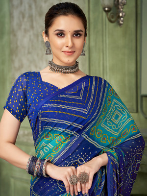 Sareemall Printed Bandhani Chiffon Saree(Blue)