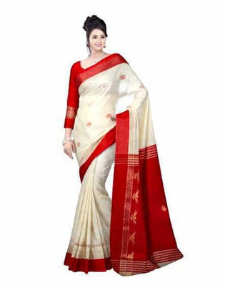 Pradip Fabrics Woven Tant Cotton Jute Saree(Cream, Red)
