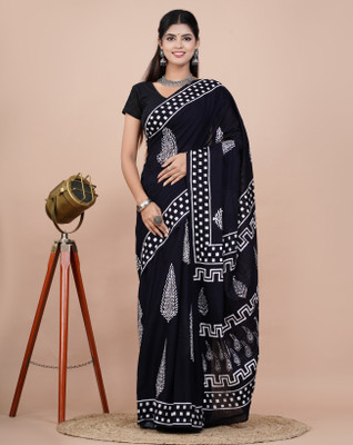 Pallo Latke Printed, Blocked Printed Daily Wear Pure Cotton Saree(Black)