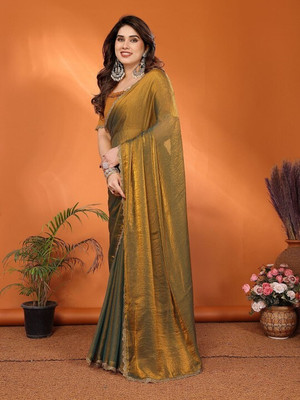 Online Bazaaar Embellished, Solid/Plain Bollywood Chiffon, Pure Silk Saree(Gold)