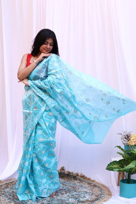PoojaCreation Woven Jamdani Pure Silk Saree(Light Blue)