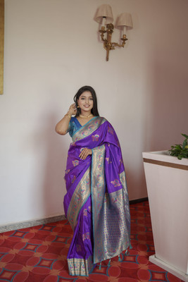 Keswi Fab Printed Banarasi Jacquard, Pure Silk Saree(Purple)