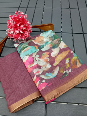 HouseOfCommon Printed Kanjivaram Pure Cotton, Cotton Linen Saree(Maroon)