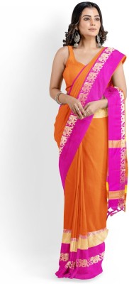 Grubstaker Self Design Banarasi Cotton Silk Saree(Orange, Pink)